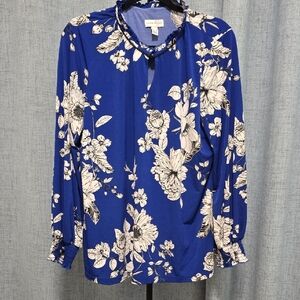 Susan Graver Blue Black and White Floral Blouse‎ With Ruffle Round Neck Size L